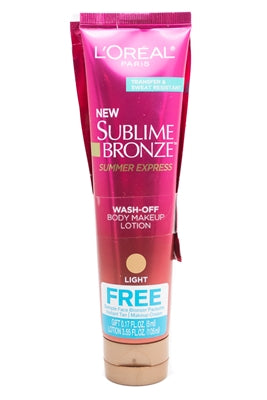L'Oreal Sublime Bronze Summer Express Wash-Off Body Makeup Lotion, Light 3.55 fl oz with Free Sample Face Bronzer .17 fl oz