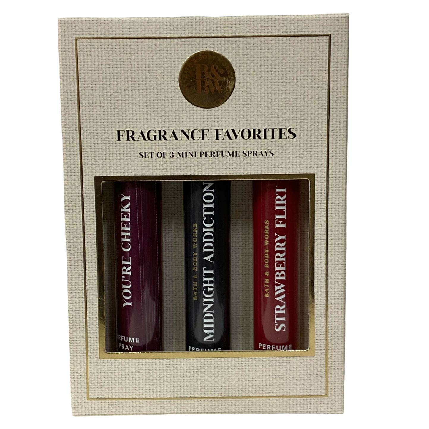 Bath & Body Works Mini Perfume Spray set: Strawberry Flirt, Midnight Addiction & You're Cheeky .23 Oz Each