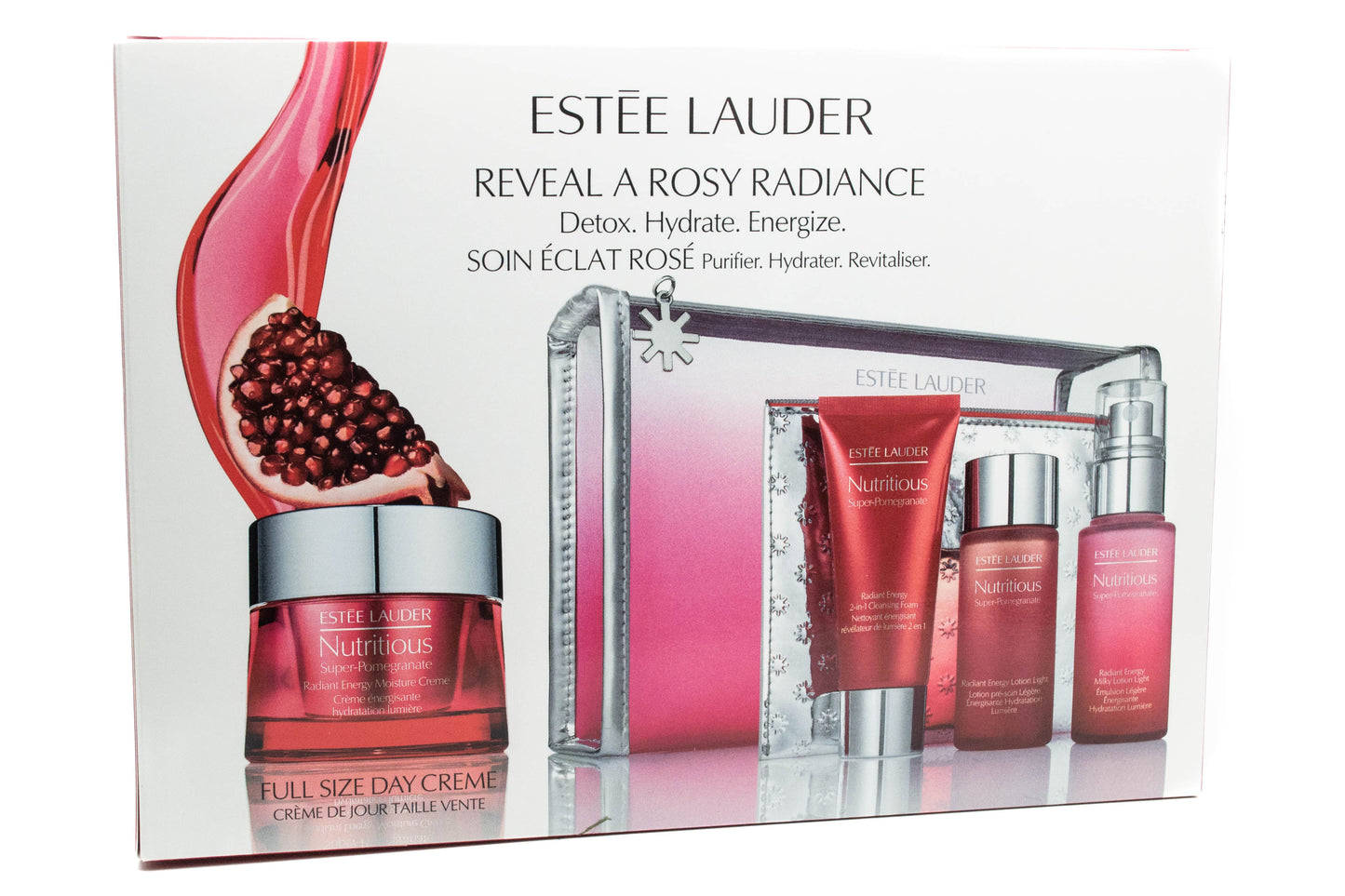 Estee Lauder NUTRITIOUS Super Pomegranate Detox, Hydrate, Energize Set: Milky Lotion Light 1 fl oz, Raidant Energy Moisture Creme 1.7 fl oz, Cleansing Foam 1 fl oz, Radiant Energy Lotion Light 1 fl oz, Travel Case