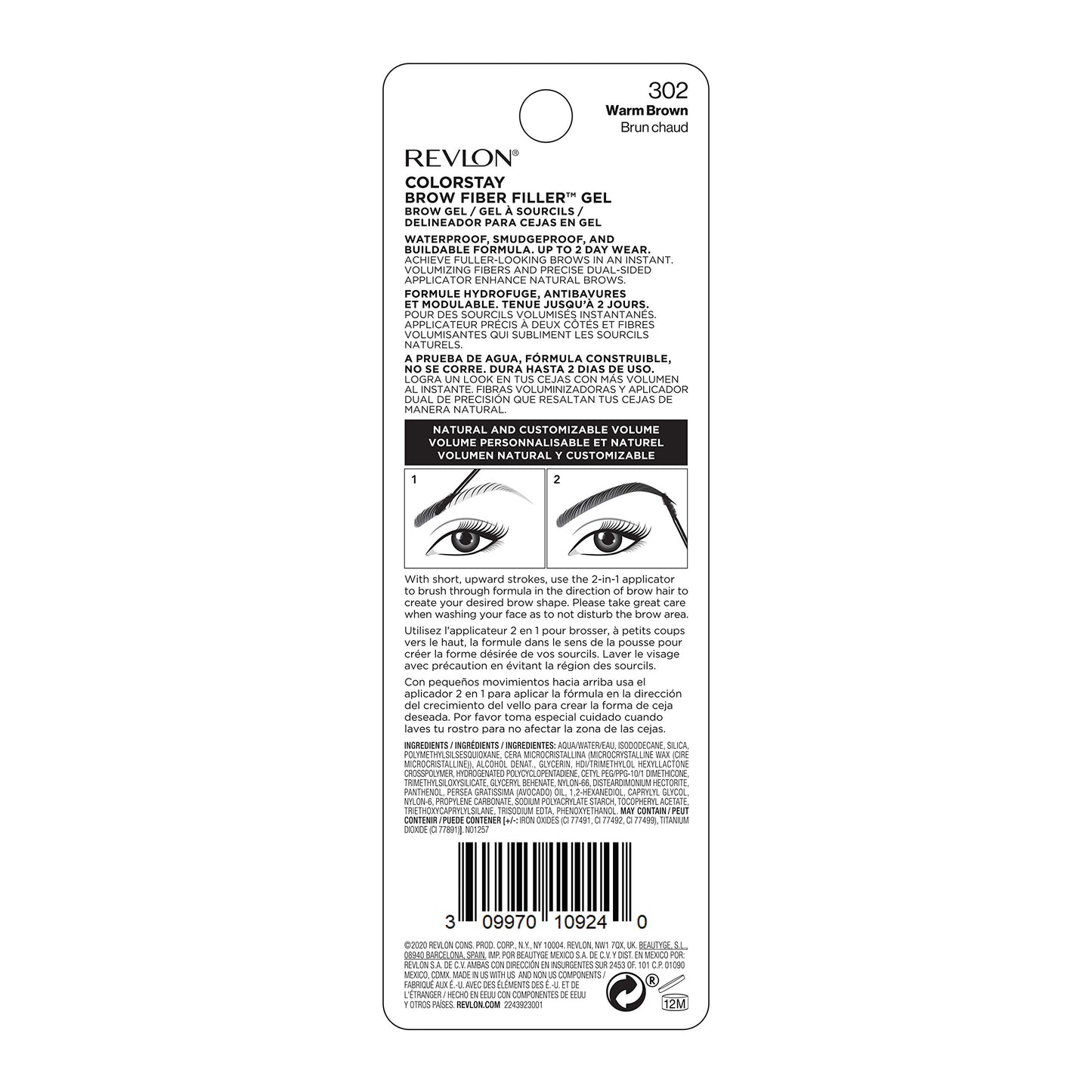 Revlon ColorStay Brow Fiber Filler, Waterproof Eyebrow Enhancer Gel, 302 Warm Brown