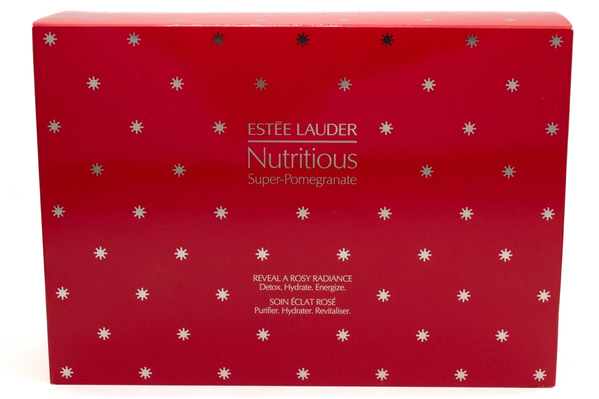 Estee Lauder NUTRITIOUS Super Pomegranate Detox, Hydrate, Energize Set: Milky Lotion Light 1 fl oz, Raidant Energy Moisture Creme 1.7 fl oz, Cleansing Foam 1 fl oz, Radiant Energy Lotion Light 1 fl oz, Travel Case