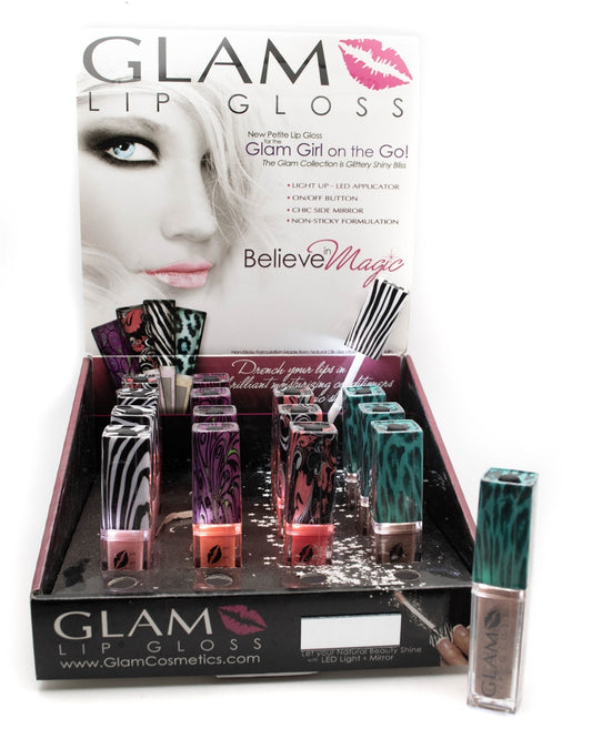 GLAM New Petite Lip Gloss with Light-Up LED Applicator and Side Mirror, Non-Sticky Formula Champagne Toast .25 fl oz