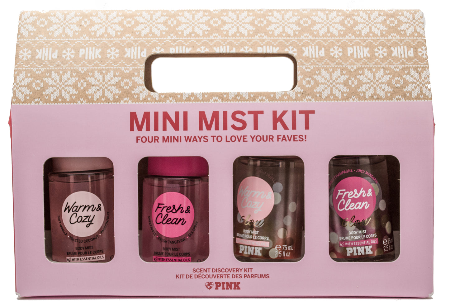Victoria's Secret Pink MINI MIST SCENT DISCOVERY Kit: Warm & Cozy, Fresh & Clean, Warm & Cozy Glow, Fresh & Clean Glow 2.5 fl oz each