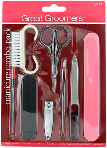 Great Groomers Manicure Combo Set T6941: Nail Brush, Cuticle Trimmer, Cuticle Scissors, Cuticle Pusher, Nail Clip, Sapphire File, Black Nail Board, Pink Nail Board