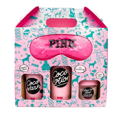 Victoria's Secret PINK Coco Set, The Jomo is Real: Coco Wash Moisturizing Cream Body Wash 12 fl oz, Coco Lotion Hydrating Body Lotion 14 fl oz, Glow To Sleep Conditioning Sleep Mask 6.7oz, Eye Mask