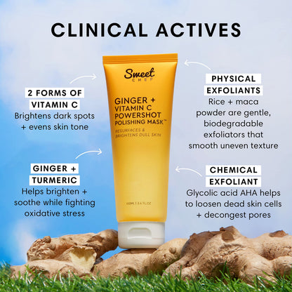 Sweet Chef Ginger + Vitamin C Powershot Polishing Mask - Brightening Face Mask for Dark Spots & Uneven Skin Tone + Maca, Rice Powders & AHA Face Exfoliant & Resurfacing Mask 3.4oz