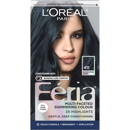 L'Oreal Paris Feria Shimmering Permanent Hair Color, Downtown Denim (Dark Blue Brown), 1 Kit
