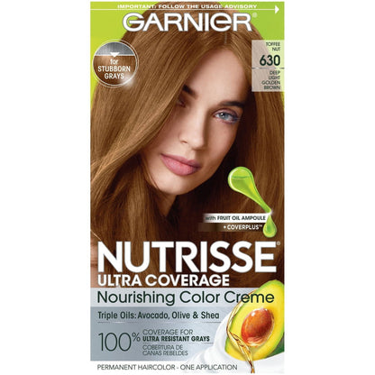 Garnier Nutrisse Ultra Coverage Nourishing Hair Color Creme, Deep Light Golden Brown (Toffee Nut) 630, 1 kit