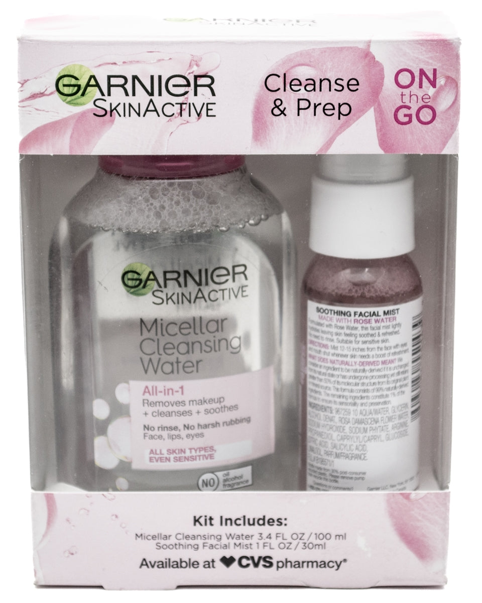 Garnier SkinActive Cleanse & Prep Kit: Micellar Cleansing Water 3.4 fl oz and Soothing Facial Mist 1 fl oz