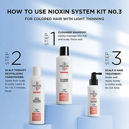 NIOXIN Hair System Kit for fine colored hair 3: Shampoo 10.1 Fl Oz., Conditioner 10.1 Fl Oz., Treatment 3.38 Fl Oz.