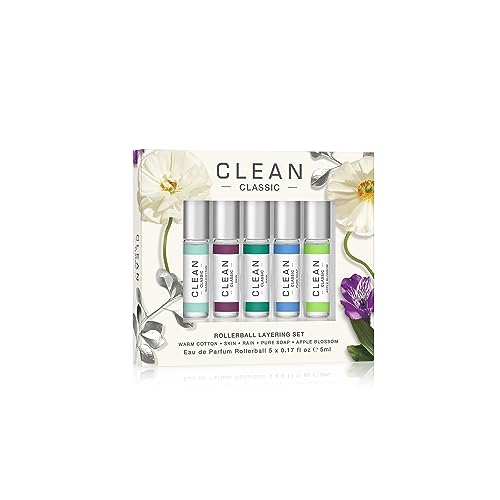 CLEAN CLASSIC Eau de Parfum Rollerball Fragrance Holiday Gift Set | Includes Warm Cotton, Skin, Rain, Pure Soap and Apple Blossom | 5 x .17 oz or 5 mL