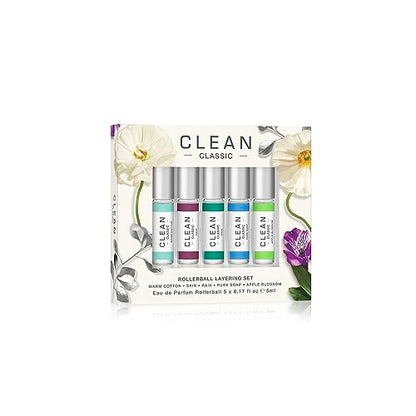 CLEAN CLASSIC Eau de Parfum Rollerball Fragrance Holiday Gift Set | Includes Warm Cotton, Skin, Rain, Pure Soap and Apple Blossom | 5 x .17 oz or 5 mL