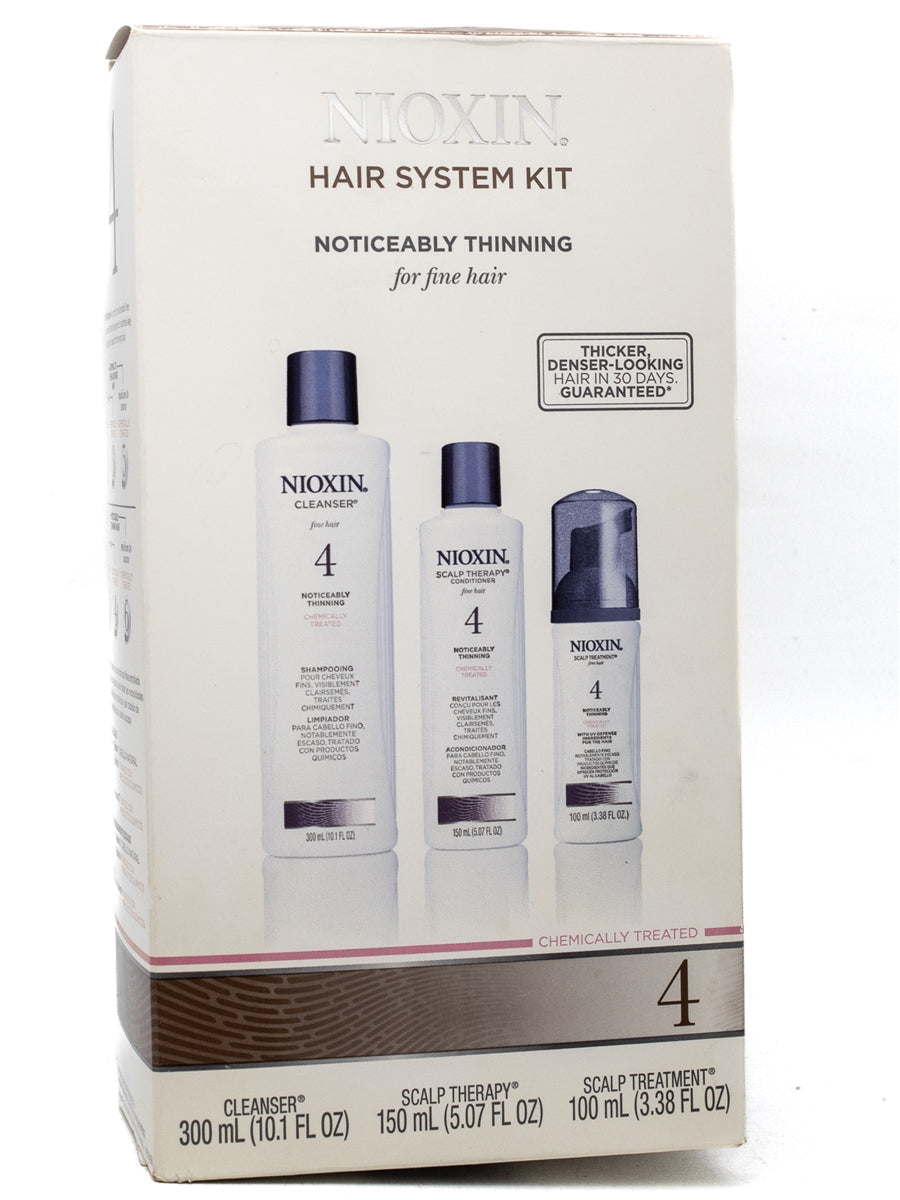 Nioxin 4 HAIR SYSTEM KIT Noticeably Thinning for Chemically Treated  Fine Hair: Cleanser 10.1 fl oz, Scalp Therapy (Conditioner) 5.07 fl oz, Scalp Treatment 3.3 fl oz