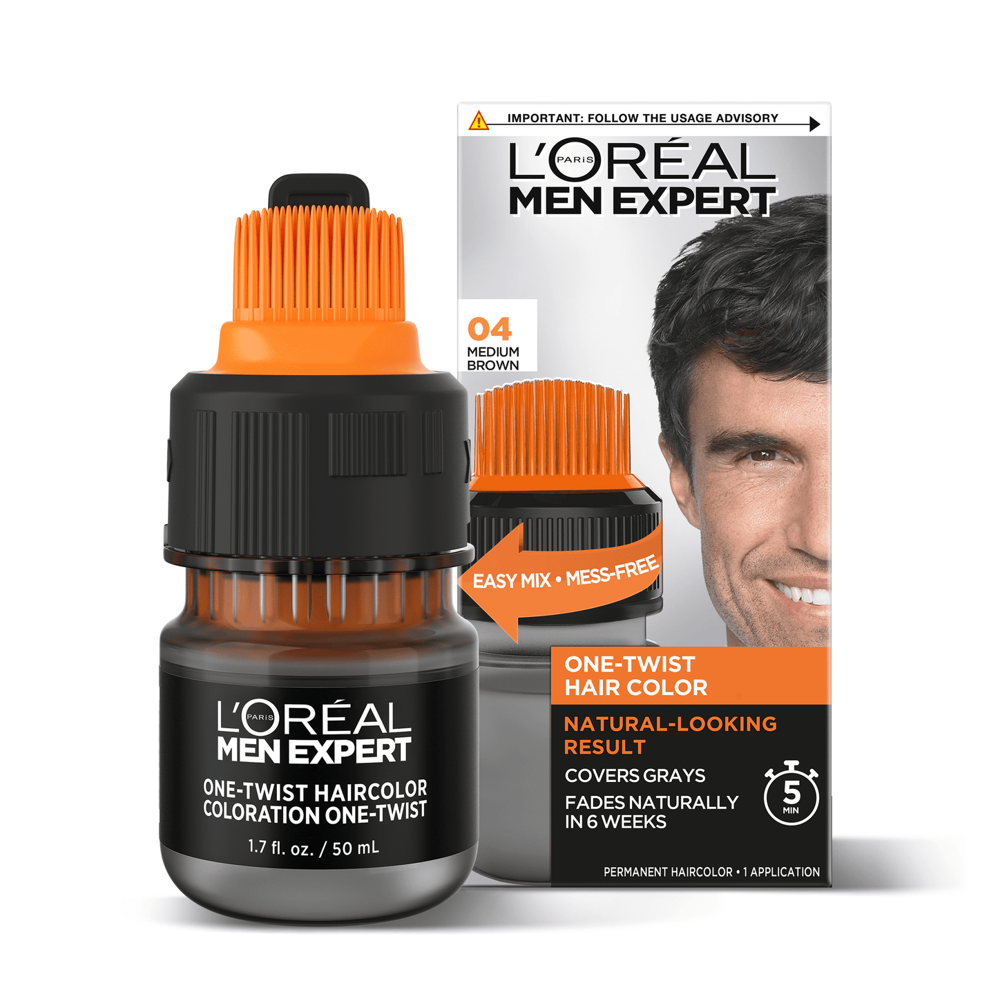 L'Oreal Paris Men Expert Easy Apply Permanent Hair Color, Medium Brown 04, 1 kit