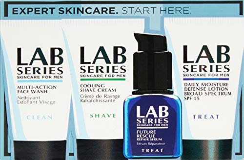 LAB SERIES Skincare for Men Set: Clean Multi-Action Face Waxh 1 fl oz, Shave Cooling Shave Crfeam  1 fl oz, Repair Furure Rescue Repair Serum  .5 fl oz, Moisturize Defense Lotion SPF 15  1 fl oz