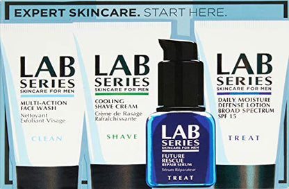 LAB SERIES Skincare for Men Set: Clean Multi-Action Face Waxh 1 fl oz, Shave Cooling Shave Crfeam  1 fl oz, Repair Furure Rescue Repair Serum  .5 fl oz, Moisturize Defense Lotion SPF 15  1 fl oz