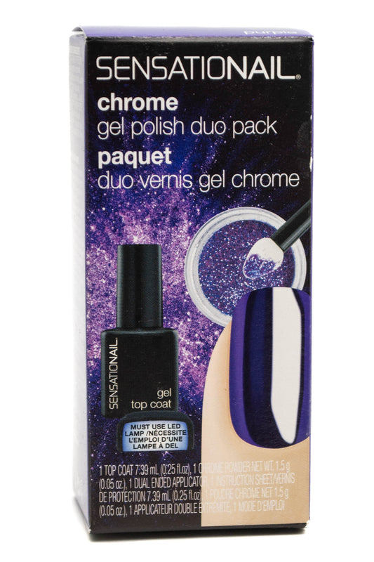 SensatioNail CHROME Gel Polish Duo Pack, Requires LED Lamp: Top Coat .25 fl oz, Chrome Powder .05oz, Dual Ended Applicator, 71734 Purple