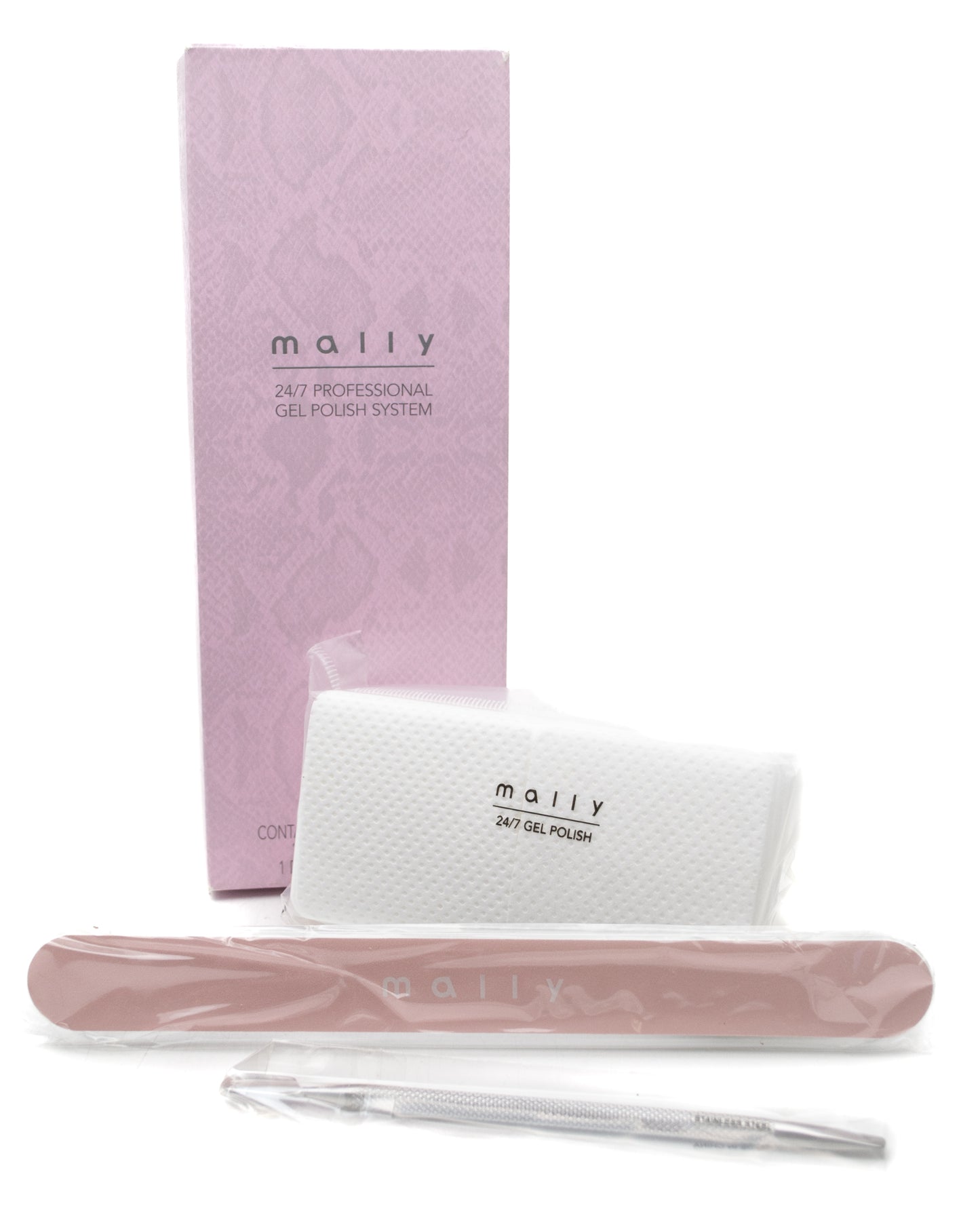 mally 24/7 Professional GEL POLISH SYSTEM Accessories Kit: 100 Lint Free Wipes, Cuticle Tool, Double Sided Nail File