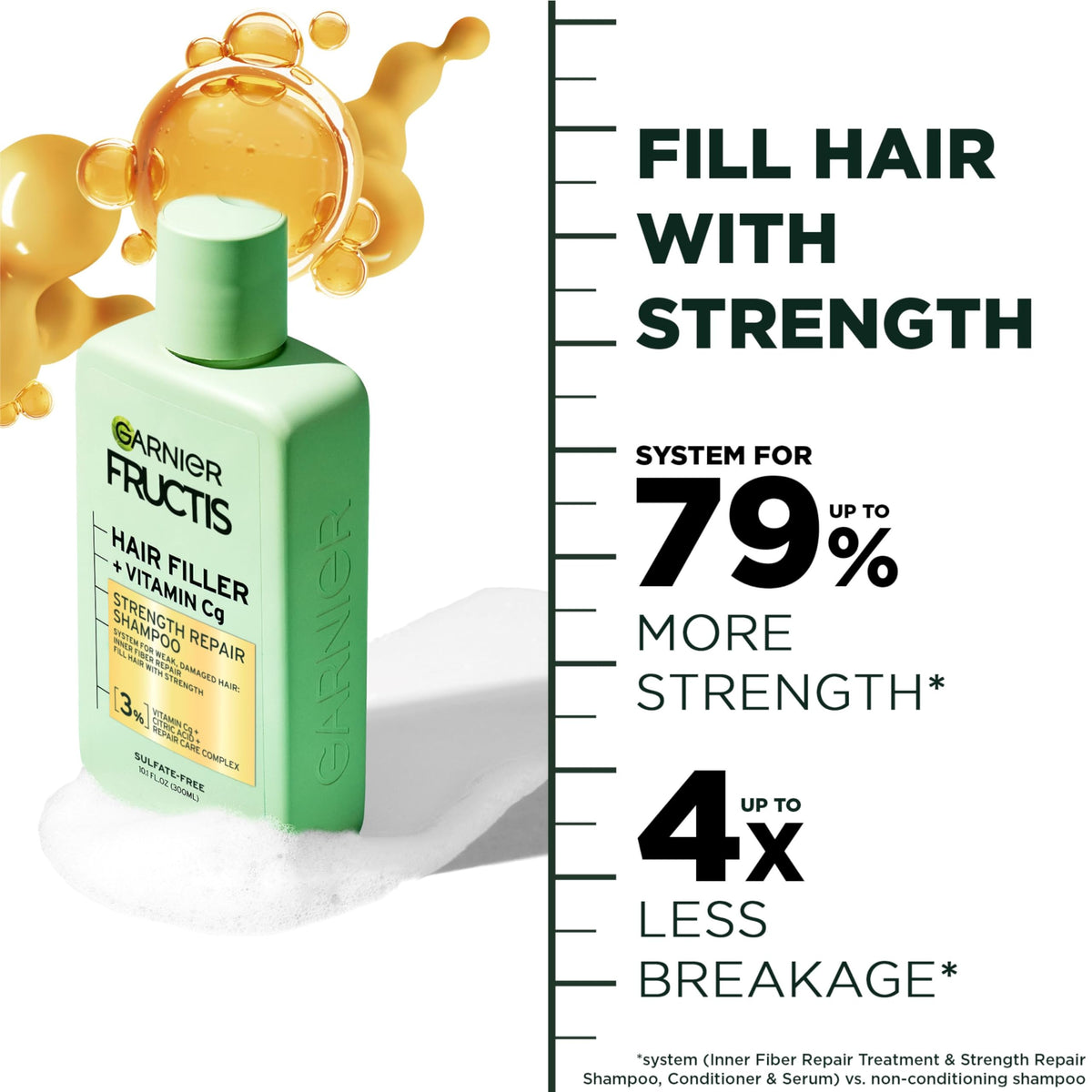 Garnier Fructis Hair Filler Vitamin Cg Strength Repair Shampoo, Adults, Damaged Hair, 10.1 fl oz