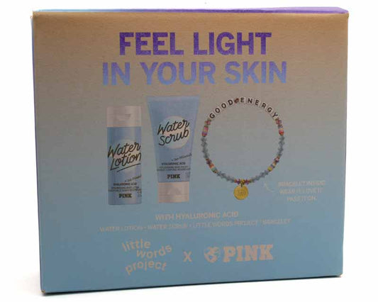 Victoria's Secret Pink FEEL LIGHT IN YOUR SKIN Set: Water Lotion, Water Scrub, Little Words Project Bracelet