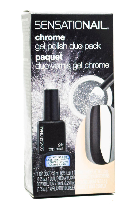 SensatioNail CHROME Gel Polish Duo Pack, Requires LED Lamp: Top Coat .25 fl oz, Chrome Powder .05oz, Dual Ended Applicator, 71706 Silver