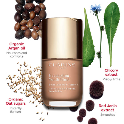 Clarins Everlasting Youth Fluid Foundation | Anti-Aging, Medium To Full Coverage | Illuminates, Smoothes and Visibly Firms | Satin Finish | Contains Plant Extracts With Skincare Benefits | 1 Fl Oz