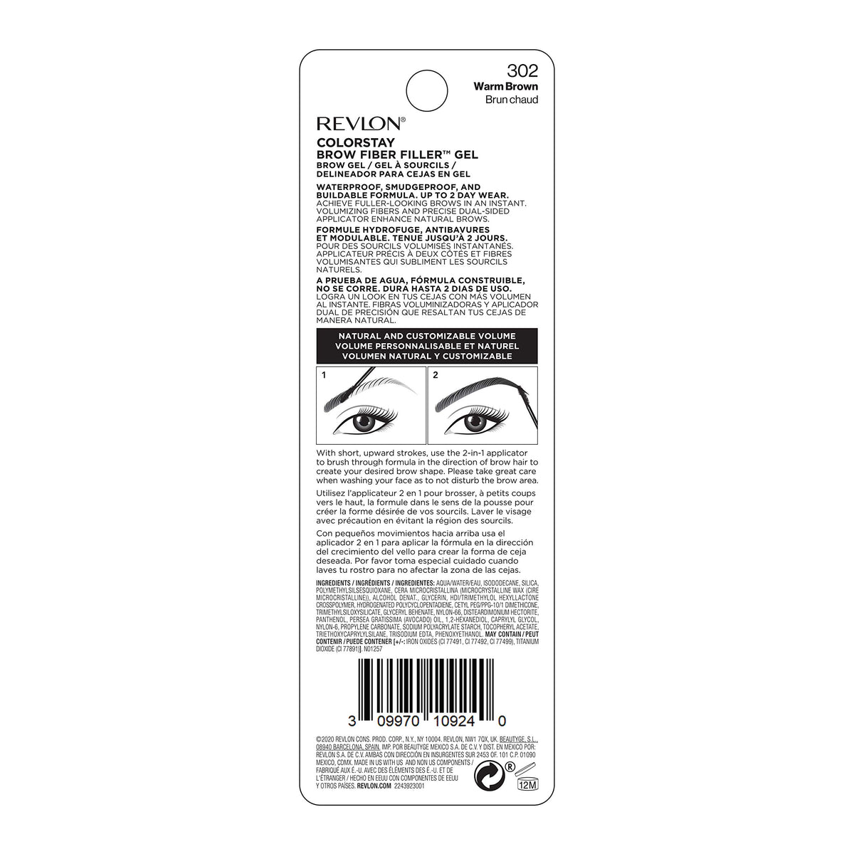 Revlon ColorStay Brow Fiber Filler, Waterproof Eyebrow Enhancer Gel, 302 Warm Brown
