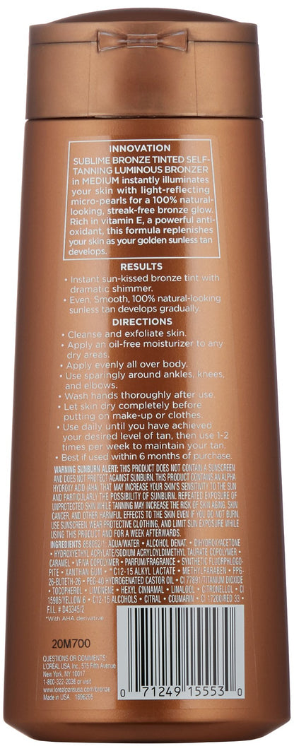 L'Oreal Paris Sublime Bronze Tinted Self Tanning Lotion Luminous Bronzer, 6.7 fl oz
