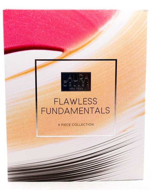 Laura Geller FLAWLESS Fundamentals CARAMEL 4 Piece Collection;  Filter First Luminous Foundation  1 fl oz, Color Luster Lip Color - Cranberry Crush  .11oz, Glamlash Dramatic Volumizing Mascara - Black  .25 fl oz, Smoothing Foundation Blender