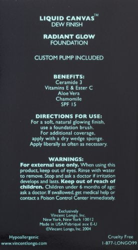 Vincent Longo Liquid Canvas Dew Finish Radiant Glow Foundation Waterproof Formula SPF 15 (with pump) Topaz 1 Oz.