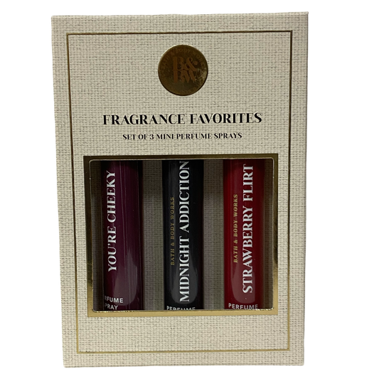 Bath & Body Works Mini Perfume Spray set: Strawberry Flirt, Midnight Addiction & You're Cheeky  .23 Oz Each