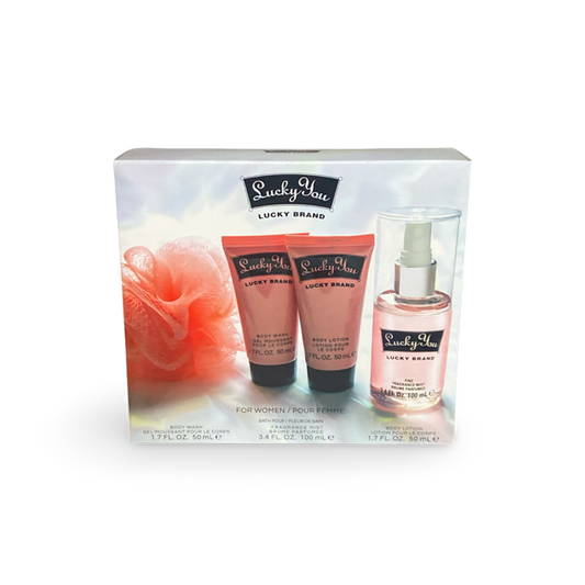 Lucky Brand Lucky You Travel Set includes: Fine Fragrance Mist 3.4 Oz, Body Lotion 1.7 Oz, Shower Gel 1.7 Oz & Bath Pouf