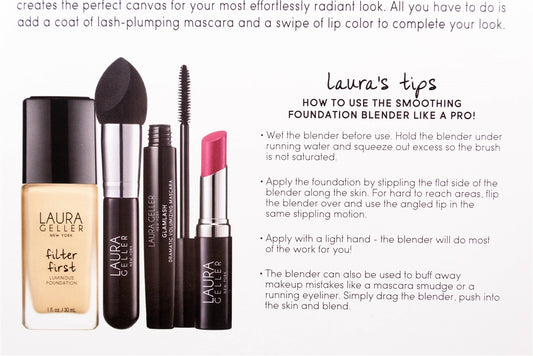 Laura Geller FLAWLESS FUNDAMENTALS Caramel 4 Piece Collection;  Filter First Luminous Foundation  1 fl oz, Color Luster Lip Color - Cranberry Crush  .11oz, Glamlash Dramatic Volumizing Mascara - Black  .25 fl oz, Smoothing Foundation Blender
