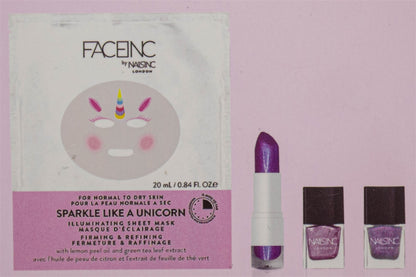Nails Inc. SPARKLE LIKE A UNICORN Gift Set: Illuminating Mask .68 fl oz, Lip Trippin' Lipstick .18oz, Unicorn Dot Com and Unicorn Vibes Nail Polish .17 fl oz each