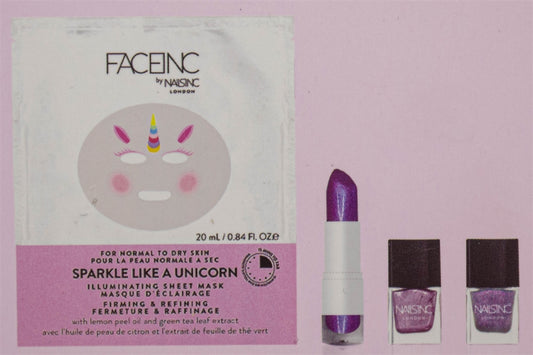 Nails Inc. SPARKLE LIKE A UNICORN Gift Set: Illuminating Mask .68 fl oz, Lip Trippin' Lipstick .18oz, Unicorn Dot Com and Unicorn Vibes Nail Polish .17 fl oz each