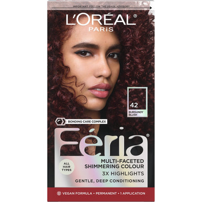 L'Oreal Paris Feria Shimmering Permanent Hair Color, 42 Burgundy Blush (Deep Reddish Brown), Unisex, 1 Kit
