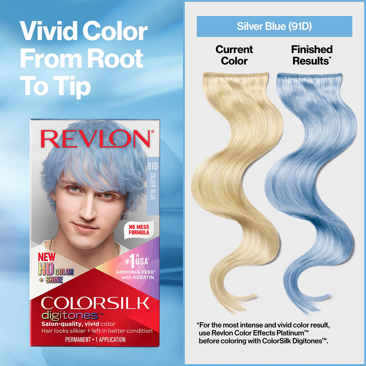 Revlon Colorsilk Digitones Permanent Hair Color with Keratin, 91D Silver Blue