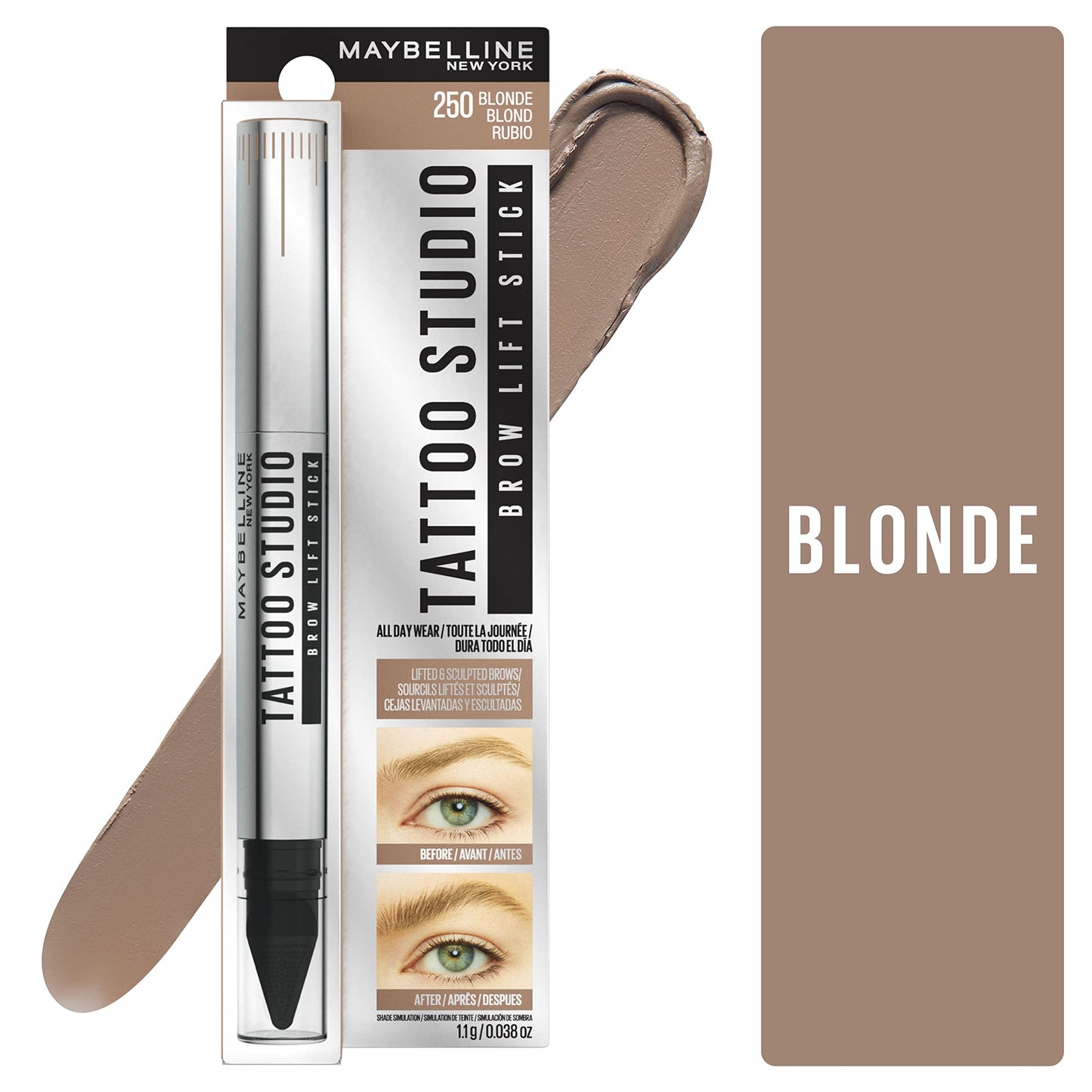 Maybelline Tattoo Studio Brow Fade and Smudge Resistant Lift Stick, Blonde