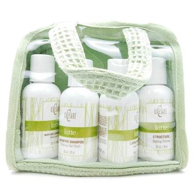 DiCesare Latte Bag Set: Conditioner, Shampoo, Hair Mask, Styling Cream each 2 Fl Oz.