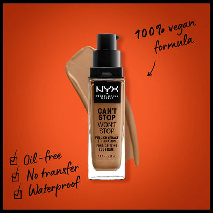 NYX Professional Makeup Can't Stop Won't Stop 24hr Full Coverage Liquid Foundation, Matte Finish, Waterproof, Cinnamon